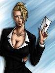  1girl artist_request blonde_hair blue_eyes breast_hold breasts cleavage earrings eyepatch fatal_fury formal hair_over_one_eye jewelry king_of_fighters large_breasts letter lips mature_(kof) nail_polish short_ponytail suit 