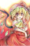  ascot blonde_hair colored_pencil_(medium) fang flandre_scarlet hat hat_ribbon karintou looking_at_viewer open_mouth pink_eyes puffy_sleeves ribbon shirt short_sleeves side_ponytail skirt skirt_set solo touhou traditional_media vest wings 