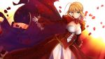  ahoge blonde_hair breasts cleavage dress epaulettes fate/extra fate/stay_night fate_(series) green_eyes hair_ribbon highres ladymarta pantsu petals red_dress ribbon rose_petals saber_extra see-through see_through smile solo thighhighs 