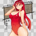  1girl ^_^ breasts bursting_breasts checkered checkered_background chibi_inset closed_eyes dated eyes_closed large_breasts mori_hikiko navel one-piece_swimsuit original red_eyes red_hair redhead swimsuit teriyaki translation_request 
