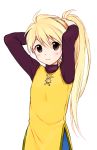 adjusting_hair ahoge bangs blonde_hair hirosuke long_hair looking_at_viewer pokemon pokemon_special ponytail simple_background solo yellow_(pokemon) 
