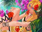  bare_shoulders blonde_hair blue_eyes blue_nails flower hair_flower hair_ornament lily_(vocaloid) long_hair looking_at_viewer mouth_hold nail_polish solo very_long_hair vocaloid yamakawa_(sato) 