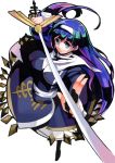  1girl ahoge armor armored_dress blue_eyes blue_hair breasts fighting_stance hairband huge_ahoge jnrghzrg long_hair orie_(under_night_in-birth) pantyhose rapier solo sword under_night_in-birth very_long_hair weapon wrist_cuffs 