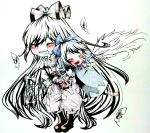  absurdres artist_request blush cirno closed_eyes crying eyes_closed feathers fujiwara_no_mokou highres ice ice_wings long_hair multiple_girls open_mouth ribbon smile suspenders tears touhou very_long_hair white_background wings 