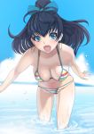  bikini black_hair blue_eyes breasts cleavage cloud clouds earrings fang feet_in_water ganaha_hibiki hair_ribbon idolmaster jewelry konoma leaning_forward long_hair looking_at_viewer multicolored_stripes navel open_mouth ponytail ribbon skindentation sky smile soaking_feet solo striped striped_bikini striped_swimsuit swimsuit water 