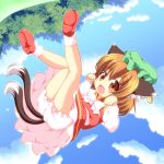  animal_ears bare_legs bloomers blue_sky blush bow brown_eyes brown_hair cat_ears cat_tail chen cloud clouds fang flying hat jewelry long_sleeves looking_at_viewer multiple_tails open_mouth paw_pose pila-pela red_shoes shirt shoes short_hair single_earring skirt skirt_set sky solo tail touhou upskirt vest 