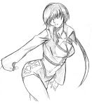  artist_request breasts cleavage cleavage_cutout hair_over_eyes highres king_of_fighters large_breasts leaning_forward long_hair miniskirt monochrome navel ponytail popped_collar shermie skirt solo 