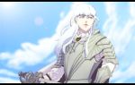  1boy androgynous armor berserk blue_eyes cape griffith letterboxed lips long_hair saya_chocolate513 scar sky solo sword trap weapon white_hair 
