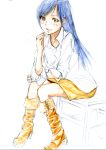  blue_hair boots brown_eyes character_request highres ice2002 idolmaster kisaragi_chihaya long_hair sitting sleeves_rolled_up smile solo traditional_media 