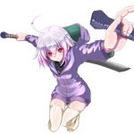  ahoge alternate_color alternate_costume alternate_hair_color bike_shorts dual_wielding highres hoodie knife linne multicolored_hair pink_hair red_eyes reverse_grip short_hair solo sword thigh-highs thighhighs two-tone_hair under_night_in-birth weapon white_hair ykakuno 