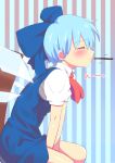  ascot blue_eyes blue_hair blush cirno closed_eyes eating eyes_closed ice ice_wings kobii pocky short_hair side solo striped striped_background touhou v_arms vertical_stripes wings 