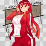  1girl breasts character_name checkered checkered_background cleavage frown hand_on_ass large_breasts long_hair mori_hikiko original partially_translated red_hair redhead sweatdrop teriyaki track_jacket track_pants track_suit translation_request 