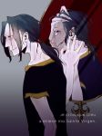  black_hair caster_(fate/zero) dual_persona fate/zero fate_(series) french kubimura long_hair male mirror multiple_boys ponytail purple_eyes reflection robe text translated violet_eyes 