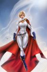  1girl alien belt blonde_hair blue_eyes blue_sky bodysuit boots breasts brett_booth cape cleavage cleavage_cutout collaboration dc_comics flying gloves kryptonian large_breasts power_girl short_hair signature sinhalite sky solo superhero toned 