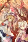  animal_ears bare_shoulders blonde_hair braid capelet forest hat highres inubashiri_momiji japanese_clothes kirisame_marisa leaf long_hair maple_leaf multiple_girls mushroom nature no_nose open_mouth red_eyes ribbon short_hair silver_hair single_braid tail ti_owo touhou tree white_hair wide_sleeves witch_hat wolf_ears wolf_tail yellow_eyes 