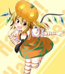  :d alternate_costume alternate_headwear arm_warmers blonde_hair blush collarbone detached_sleeves fang finger_to_face flandre_scarlet glowing glowing_eyes happy_halloween hat ichimi necktie open_mouth puffy_sleeves pumpkin pumpkin_hat red_eyes short_hair side_ponytail skirt skirt_set smile solo striped striped_legwear thigh-highs thighhighs touhou wings yellow_background 