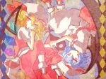  finger_to_mouth flandre_scarlet hat holding_hands lying multiple_girls no_nose red_eyes remilia_scarlet short_hair siblings sisters ti_owo touhou upside-down 