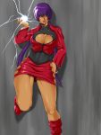 1girl boots breasts cleavage cleavage_cutout cropped_jacket dark_persona dark_skin electricity energy_ball fatal_fury hair_over_eyes hand_on_hip hdkg king_of_fighters large_breasts leotard lips long_hair miniskirt open_clothes open_jacket purple_hair shermie skindentation skirt snk solo thick_thighs thighs twintails 