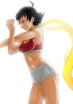  abs ahoge black_hair boyshorts breasts colored finalcake makoto midriff navel scarf short_hair side solo sports_bra street_fighter street_fighter_iii street_fighter_iii:_3rd_strike street_fighter_iv stretch toned underwear underwear_only 