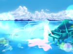  1girl absurdres artist_request dress from_behind highres instrument long_hair mountain ocean original piano sky solo water 