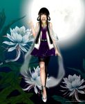  black_hair blue_eyes flower full_moon highres leaf long_hair lotus moon original oxalicacid scarf skirt solo thigh-highs thighhighs 