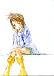  blush boots brown_eyes brown_hair futami_ami highres ice2002 idolmaster looking_at_viewer short_hair simple_background smile solo traditional_media white_background 