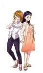  :d absurdres adult black_hair blue_eyes brown_eyes brown_hair casual dress dress_shirt eyebrows futari_wa_precure highres holding_hands jeans mary_janes misumi_nagisa multiple_girls open_mouth precure rumo sandals shirt shoes sleeves_rolled_up smile yukishiro_honoka 