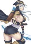  arrow ashe_(league_of_legends) ass blue_eyes boots bow_(weapon) breasts hair_over_one_eye highres hoodie kuma_x league_of_legends light_smile lips long_hair looking_at_viewer looking_back sideboob silver_hair solo thigh-highs thigh_boots thighhighs thighs weapon 