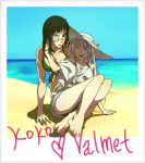  all_fours barefoot beach bikini black_hair blue_eyes blush breasts brown_eyes eyepatch hand_in_hair hat jormungand kabane kabane_(follabi) koko_hekmatyar large_breasts long_hair multiple_girls ocean polaroid silver_hair sofia_valmer sun_hat swimsuit wink 