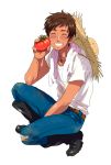  axis_powers_hetalia blush boots brown_hair closed_eyes dirty eyes_closed food hat highres jeans joy88 male open_mouth short_hair smile spain_(hetalia) sun_hat sweat tomato torn_clothes towel 