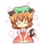  :3 ^_^ animal_ears bare_legs blush bow brown_hair cat_ears cat_tail chen chibi closed_eyes eyes_closed hat highres jewelry multiple_tails pila-pela puffy_sleeves shirt short_hair short_sleeves single_earring sitting skirt skirt_set solo tail touhou v_arms vest wariza 