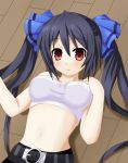  1girl belt black_hair blush bow breasts choujigen_game_neptune d: embarrassed hair_bow hair_ornament highres kami_jigen_game_neptune_v long_hair looking_at_viewer midriff navel noire open_mouth red_eyes sarvuant solo tank_top twintails very_long_hair 
