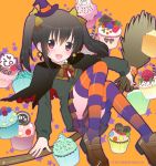  akame_(eckesachs) black_hair blush broom capelet cardigan cupcake earrings halloween hat jewelry loafers looking_at_viewer love_live!_school_idol_project open_mouth red_eyes school_uniform shoes short_hair skirt smile solo star star_earrings striped striped_legwear striped_socks thighhighs twintails witch_hat yazawa_nico 