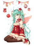  1girl ahoge christmas christmas_ornaments collar detached_sleeves diten garter_straps green_eyes green_hair hatsune_miku long_hair sitting solo thigh-highs twintails very_long_hair vocaloid wings 