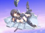  ass base_jabber black_hair breasts brown_eyes cameo cleavage cloud clouds flying gundam gundam_unicorn hair_ornament headgear headset jesta legs_up mecha mecha_musume mori_chu on_stomach parted_lips sky star_hair_ornament unicorn_gundam 