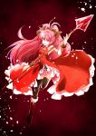  bad_id bare_shoulders black_legwear boots frills hair_ribbon katsuki long_hair magical_girl mahou_shoujo_madoka_magica mouth_hold open_mouth pleated_skirt pocky polearm red_eyes red_hair redhead ribbon sakura_kyouko skirt solo spear thigh-highs thighhighs weapon 