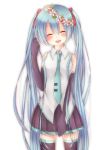  blue_hair closed_eyes elbow_gloves gloves hatsune_miku head_tilt head_wreath komomo_(ptkrx) long_hair necktie open_mouth simple_background skirt solo thigh-highs thighhighs twintails very_long_hair vocaloid white_background 