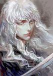  androgynous berserk blue_eyes griffith realistic silver_hair sirius_d solo sword weapon white_hair 