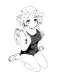  ahoge alternate_costume backpack bag bare_legs bare_shoulders bel_(pokemon) breasts full_body hirosuke looking_at_viewer monochrome pokemon pokemon_(game) pokemon_bw short_hair solo swimsuit 