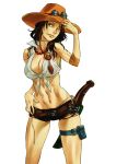  1girl abs beads belt breasts brown_hair cleavage contrapposto elbow_pads freckles genderswap goggles_on_hat hand_on_hip hat kabane large_breasts long_hair muscle one_piece portgas_d_ace prayer_beads sheath sheathed short_shorts short_sword shorts solo sword thigh_strap tied_shirt weapon wink 