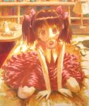  bad_id brown_hair doughnut dress graphite_(medium) lamp looking_at_viewer mouth_hold oil_painting_(medium) original pink_dress pink_eyes sitting sitting_on_bed suikaman_(kanikurimupasuta) sunlight table traditional_media twintails wariza 