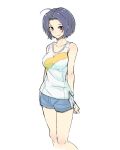  arms_behind_back bare_shoulders blue_hair breasts idolmaster looking_at_viewer mirai_denki miura_azusa red_eyes short_hair shorts simple_background smile solo sportswear tank_top white_background 