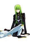  arm_support c.c. code_geass genderswap green_hair kabane kabane_(follabi) long_hair male pants sitting smile solo yellow_eyes 