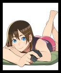  barefoot blue_eyes brown_hair copyright_request go_robots hair_ornament hairclip highres lying on_stomach shorts 