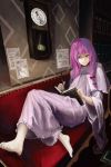  akaikitsune barefoot book bookshelf clock couch dress grey_eyes hair_ribbon highres long_hair no_hat no_headwear paper patchouli_knowledge pen pentagram purple_hair ribbon smile solo touhou 