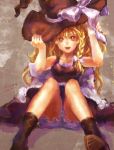 bare_shoulders blonde_hair boots bow braid flyleaf hat hat_bow kirisame_marisa side_braid signature sitting solo touhou witch_hat 