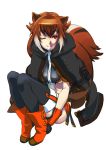  animal_ears blazblue boots breasts brown_eyes brown_hair cape crop_top gloves kabane kabane_(follabi) knees_on_chest makoto_nanaya microskirt midriff multicolored_hair short_hair sitting solo squirrel_ears squirrel_tail tail thigh-highs thighhighs two-tone_hair under_boob underboob wink 