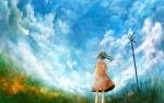  brown_hair cloud clouds dress from_behind grass long_hair mana_kakkowarai original ponytail sky solo 