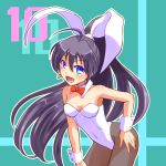  animal_ears black_hair blue_eyes bowtie bunny_ears bunnysuit detached_collar fang female ganaha_hibiki idolmaster long_hair m-shiganai pantyhose ponytail rabbit_ears solo wrist_cuffs 