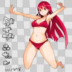  barefoot bikini checkered checkered_background dated frown jumping long_hair mori_hikiko original red_bikini red_hair redhead solo sweatdrop swimsuit teriyaki translated translation_request 